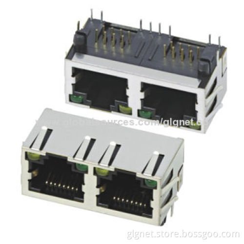 Tab up 1*2 port RJ45 connector, with LED, shielding and spring, R/A type